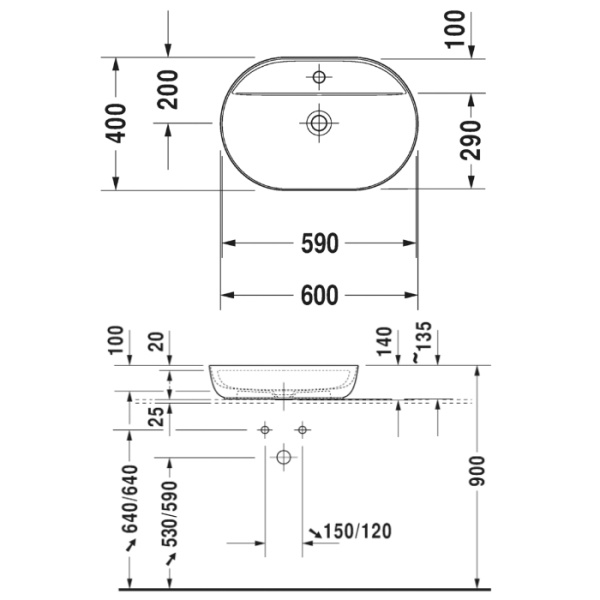 раковина duravit luv 0380600000 накладная, без перелива, с площадкой, с 1 отв. под смеситель 60x40 cм, белая