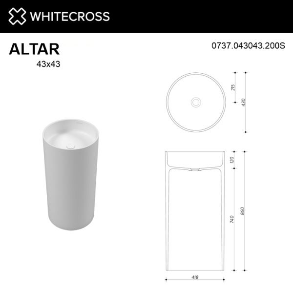 раковина whitecross altar 0737.043043.200s напольная, без перелива, слив в пол, из искусственного камня, ø43см, белая матовая