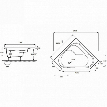 акриловая ванна jacob delafon bain douche 145x145 l e6222ru-00 без гидромассажа
