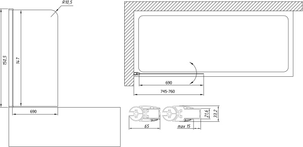 шторка на ванну vegas glass evux 75 07 01 профиль матовый хром, стекло прозрачное