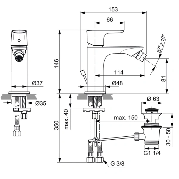 смеситель ideal standard connect air a7030aa для биде, с донным клапаном, хром