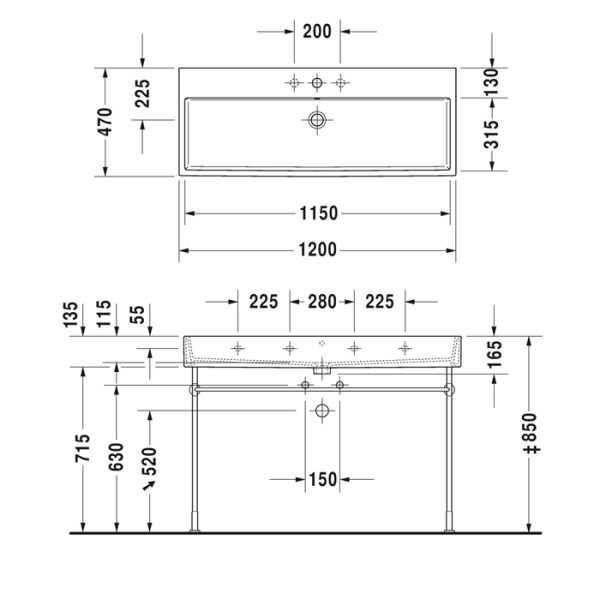 duravit vero air раковина 120 cm, без перелива, с площадкой, с 3 отв. под смеситель, белая