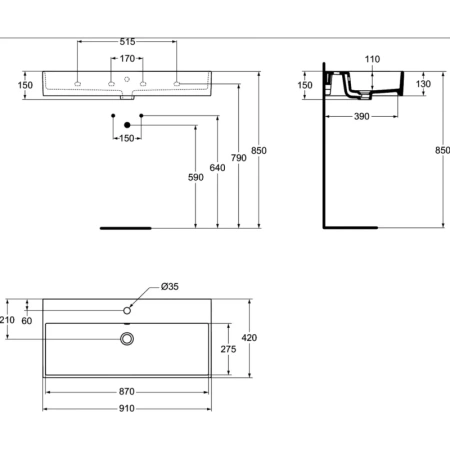 раковина накладная 90 см ideal standard strada k078601