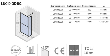душевая перегородка riho lucid gd402 120х30 g005035121 (gd412b030) профиль черный, стекло прозрачное