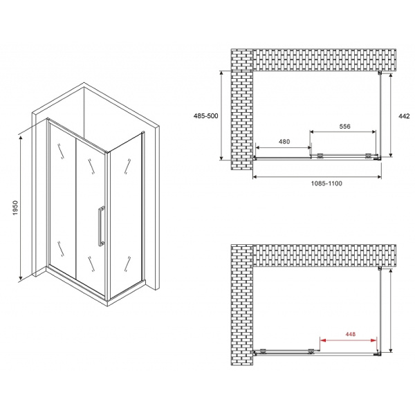 душевой уголок abber schwarzer diamant 110x50 ag30110хh-s50 профиль хром, стекло прозрачное