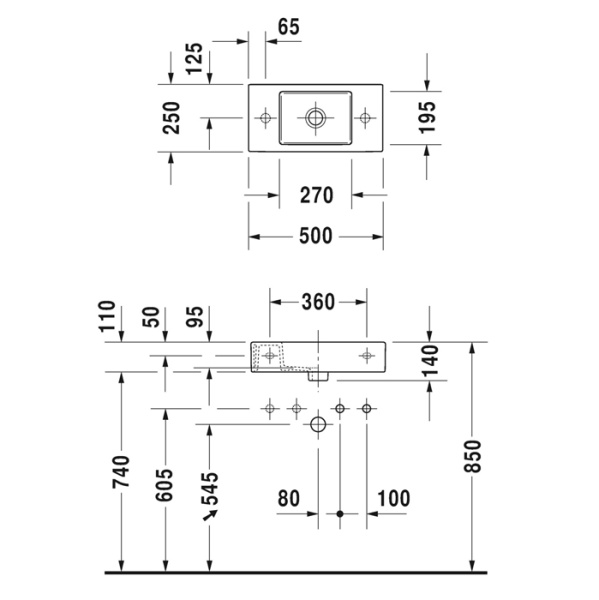 раковина duravit vero air 0724500008 подвесная, с 1 отв. для смесителя справа, без перелива, 50х25 см, белая