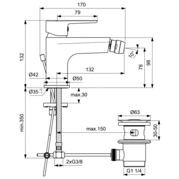 смеситель ideal standard sesia bc206aa для биде, с донным клапаном, хром