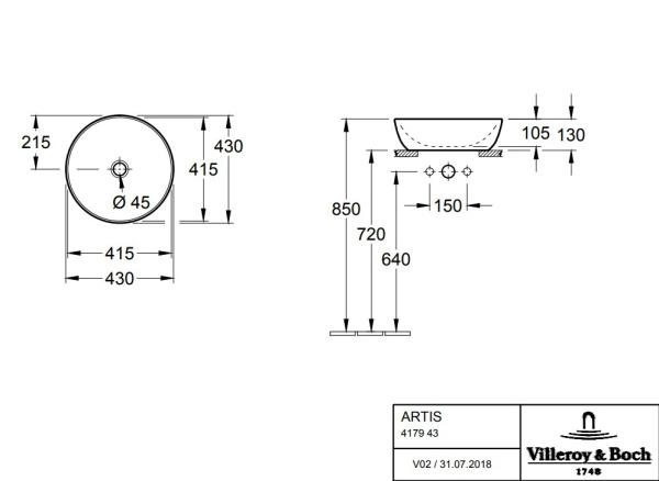 раковина villeroy & boch artis 417943bcw0 накладная, ø43 см, fog (нежно голубой) с покрытием ceramicplus