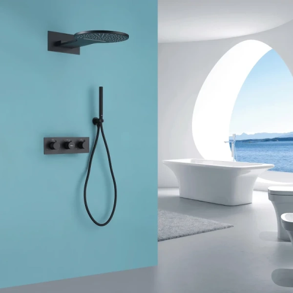 душевой комплект abber wasser kreis af8151b 300 мм, с термостатом, черный матовый