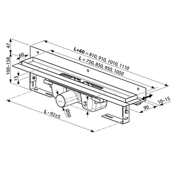 душевой лоток ravak runway ozw 105 x01634 с решеткой, хром