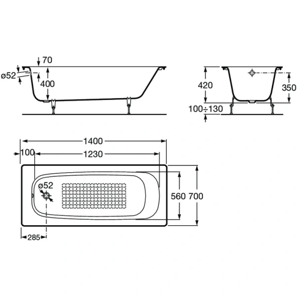 ванна чугунная roca continental 212914001 140x70 см, с антискользящим покрытием, белый