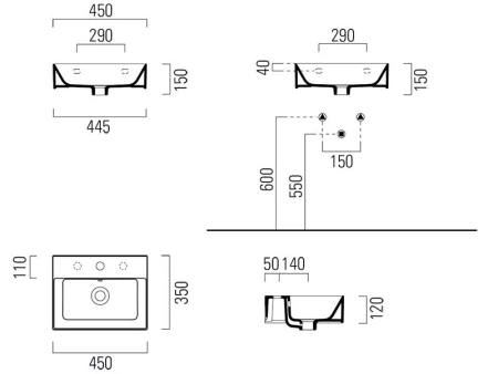 раковина gsi kube x 9485109 подвесная, 45x35 см, bianco opaco (белый матовый)