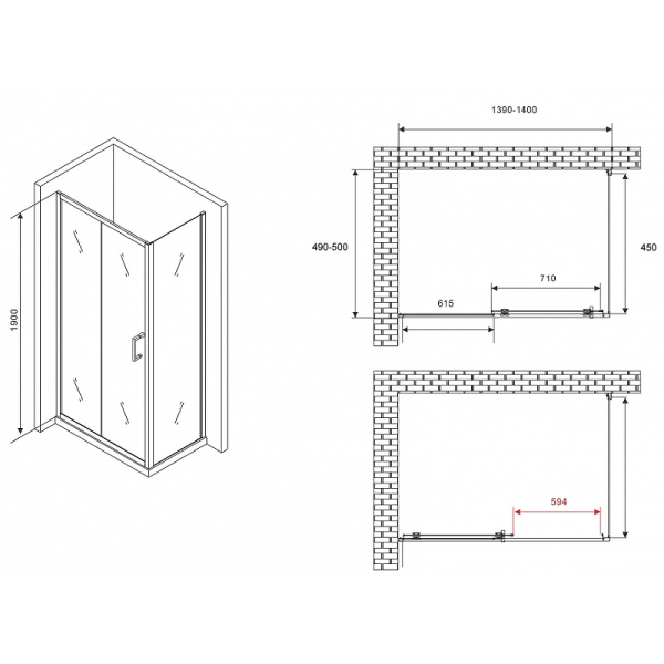душевой уголок abber schwarzer diamant 140x50 ag30140b5-s50b5 профиль черный, стекло прозрачное