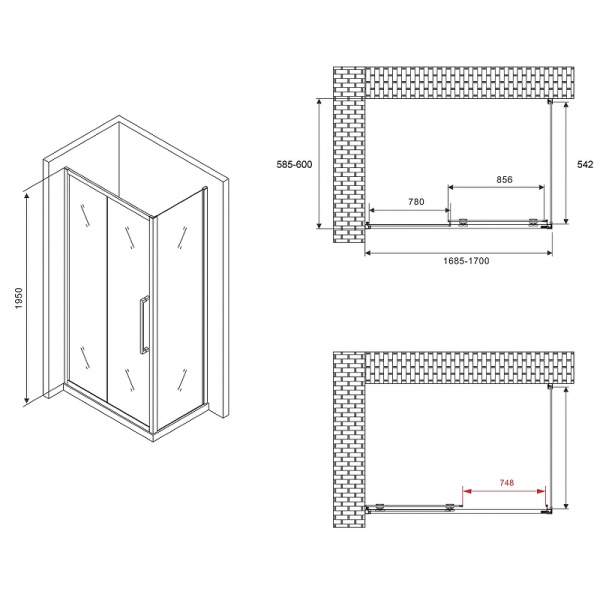 душевой уголок abber schwarzer diamant 170x60 ag30170mхh-s60m профиль хром, стекло матовое