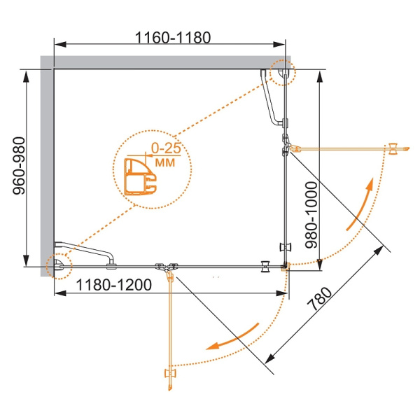 душевой уголок cezares verona 120x100 l verona-w-ah-2-120/100-p-cr-l профиль хром стекло рифленое