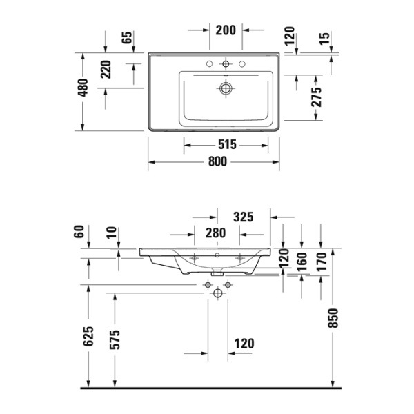 раковина duravit d-neo накладная 800х480 мм, с переливом, без отв. под смеситель, раковина справа, белая