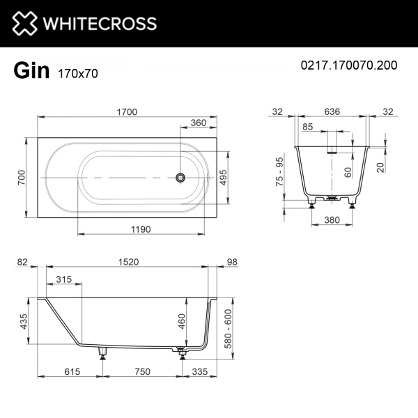 ванна whitecross gin 0217.170070.200 встраиваемая, с регулируемыми ножками и сифоном, композит, 170х70 см, белая матовая