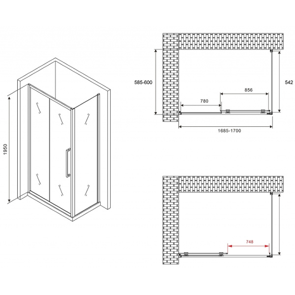 душевой уголок abber schwarzer diamant 170x60 ag30170хh-s60 профиль хром, стекло прозрачное