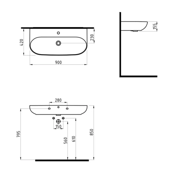 раковина bien vokha 90 см mdls09001fd1b7000 подвесная / накладная, с 1 отв. под смеситель, с переливом, 90x42 см, черная матовая