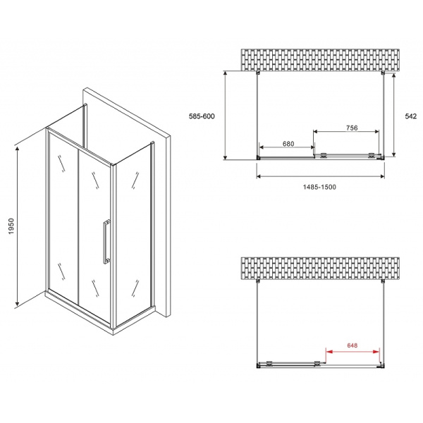 душевой уголок abber schwarzer diamant 150x60 ag30150bхh-s60b-s60b профиль черный, стекло прозрачное