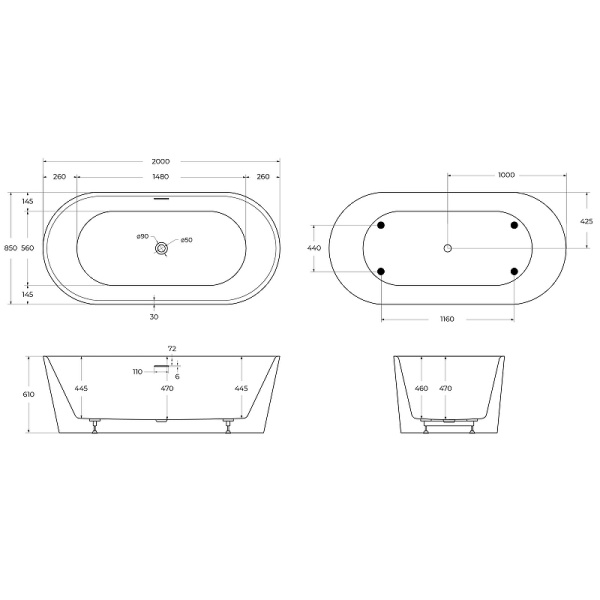 акриловая ванна belbagno 200x85 bb416-2000-850 без гидромассажа