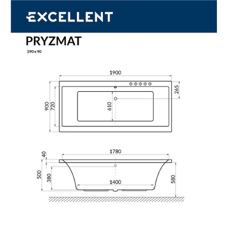 акриловая ванна excellent pryzmat 190x90 "soft" цвет хром