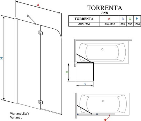 шторка для ванны radaway torrenta pnd 121 l прозрачное
