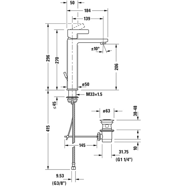 duravit d-neo смеситель для раковины на 1 отв., с донным клапаном, h=270мм, излив 139мм цвет: хром