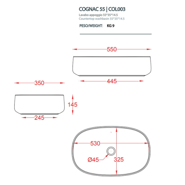 раковина artceram cognac quadro col003 18 00 накладная, без отв., без перелива, на столешницу, saniglaze, 55x35xh14.5 см, ombra cipro naturale