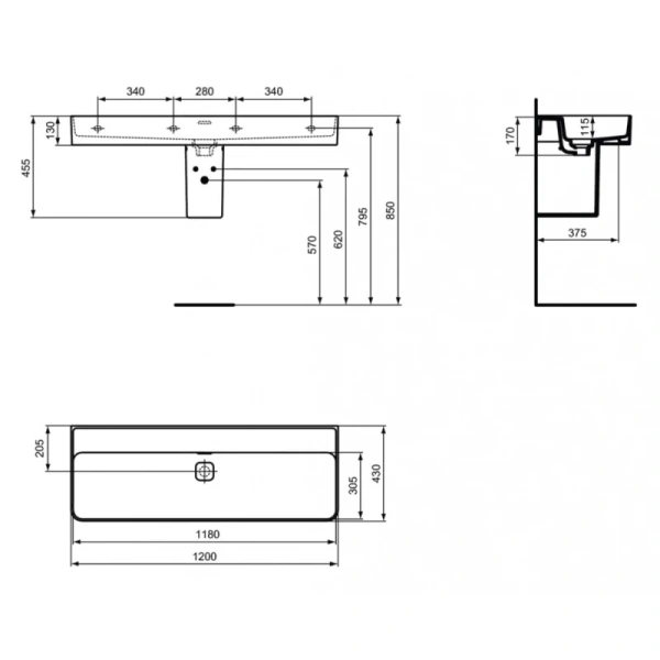 раковина накладная/полувстраиваемая ideal standard strada ii 120 см t364101