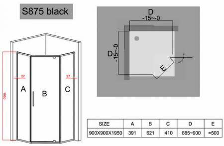 душевой уголок black&white stellar wind s875-900х900 профиль черный, стекло прозрачное