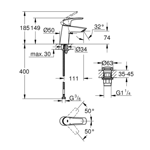 смеситель для раковины с донным клапаном grohe eurosmart 23968003