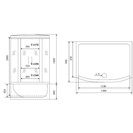 душевой бокс timo standart 140x88 t-1140 с гидромассажем
