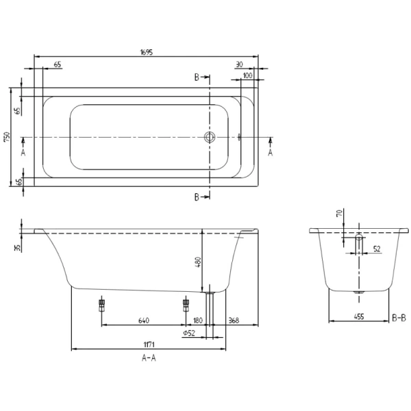 акриловая ванна 169,5x75 см villeroy & boch architectura uba170ara2v-01