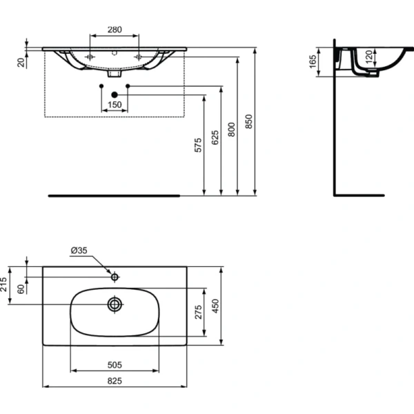 раковина накладная/полувстраиваемая ideal standard tesi 80 см t350901