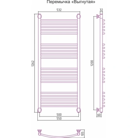 полотенцесушитель водяной 1200x500 перемычка выгнутая сунержа богема+ 00-0221-1250
