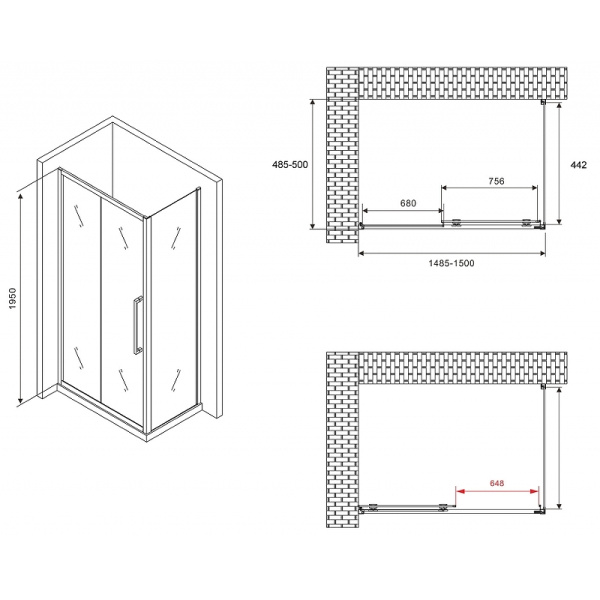 душевой уголок abber schwarzer diamant 150x50 ag30150хh-s50 профиль хром, стекло прозрачное