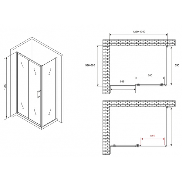 душевой уголок abber schwarzer diamant 130x60 ag30130b5-s60b5 профиль черный, стекло прозрачное
