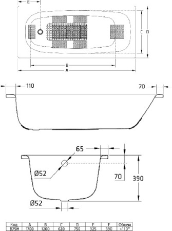стальная ванна blb universal hg b75h 170x75 с для ручек без гидромассажа с отверстиями шумоизоляцией