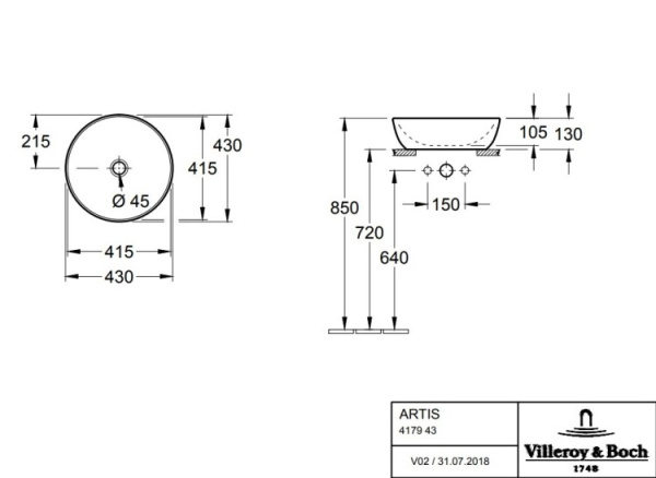 раковина villeroy & boch artis 417943bct8 накладная, ø43 см, coal black (угольно-черный) с покрытием ceramicplus