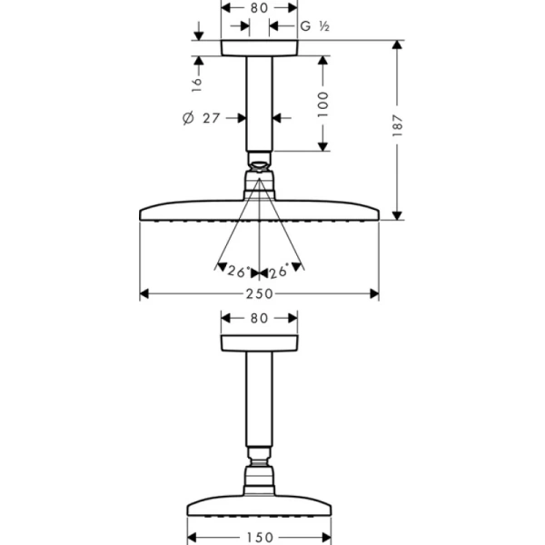 верхний душ hansgrohe raindance e 240 air 1jet, потолочное подсоединение 100 мм, ½’ 27380000