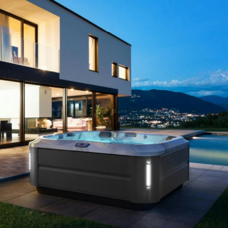 Jacuzzi Jacuzzi J355 Минибассейн 214х214х94см, отдельностоящий, каскад, посветка, нагреватель, массажный подголовник, панель Brushed gray, цвет акрила: Platinum