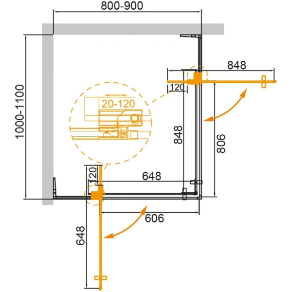 душевой уголок cezares slider slider-ah-2-80/90-100/110-br-boro 100-110x80-90 см, профиль золотой матовый, стекло бронза