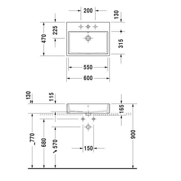 duravit vero air раковина 600мм, без перелива, с площадкой, с 1 отв. под смеситель, на столешницу, белая