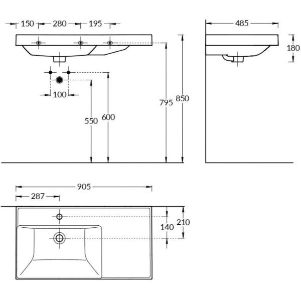 раковина 90,5x48,5 см la fenice cubo cu.nn.90l
