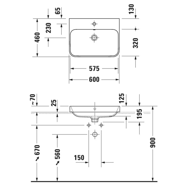 раковина duravit happy d.2 plus 600х460мм с переливом, с 1м отв. под смеситель, выпуск с керам. покрытием, антрацит с покрытием wondergliss