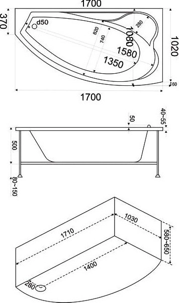 акриловая ванна bas николь в 00028 170х100 r без гидромассажа