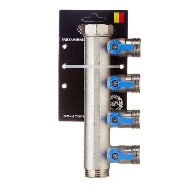 коллектор henco 1 вр(г) х 4 выхода 3/4 нр(ш) ек х 1 нр(ш) с шаровыми кранами, vb060504-blauw