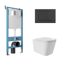 Комплект Aqueduto AQDS156Т Унитаз подвесной Macio Plus безободковый, с микролифтом, смыв Tornado + Система инсталляции для унитазов Tecnica Novo + Кнопка смыва Quadrado черная матовая