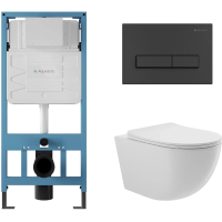 Комплект Aqueduto AQDS026: инсталляция Tecnica, кнопка Retangulo - черный матовый, унитаз OVO безободковый, сиденье с микролифтом, белый глянцевый